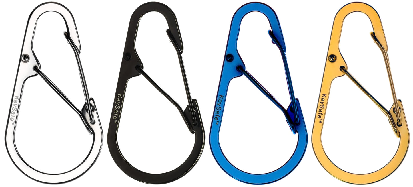 KeySafe Stainless Steel DoubleGate Secure Teardrop Carabiner Keychain Key Ring Polished Steel (KS002-4) (Metallic Black)