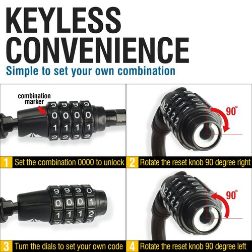 MARQUE Combination Bike Lock Cable- 3/8 inch (5FT, 10FT, 15FT, 25FT) Resettable Combination Lock, Anti-Theft Coiled Secutiry Cable for Bicycles, Kayaks, Paddle Boards, Gates and Outdoor Gear (10 FT)