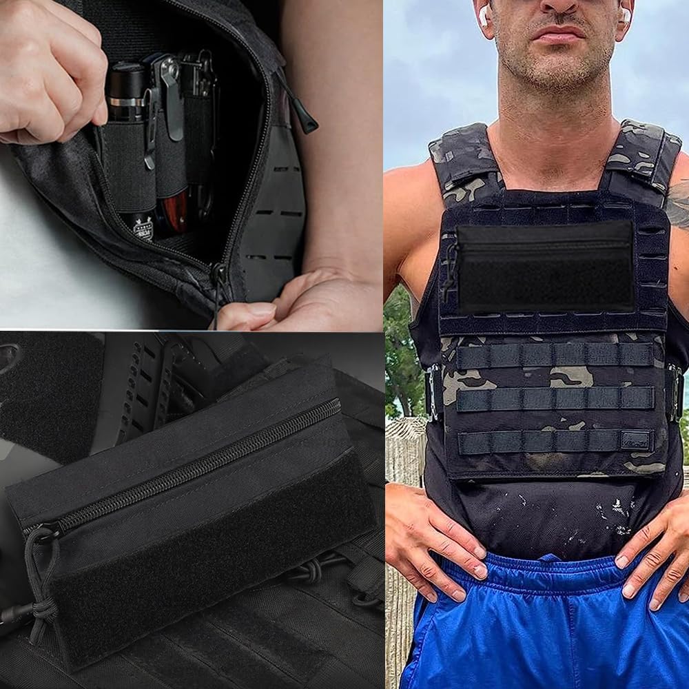 2pcs Tactical Tool Zipper Pouch EDC Elastic Organizer Holder, Expansion Pouch Utility Bag Insert Attachment with Hook Plate Backed, Storage Pocket Set for Tactical Vest Chest Rig Backpack (Black)