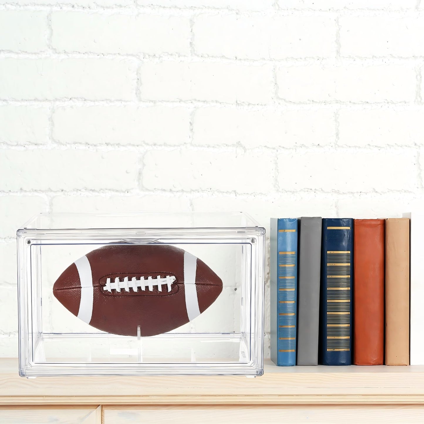 Thyle 4 Pack Football Display Case Full Size Clear Acrylic Stackable Box with Magnetic Door and UV Protection for Autographed Football Memorabilia Display