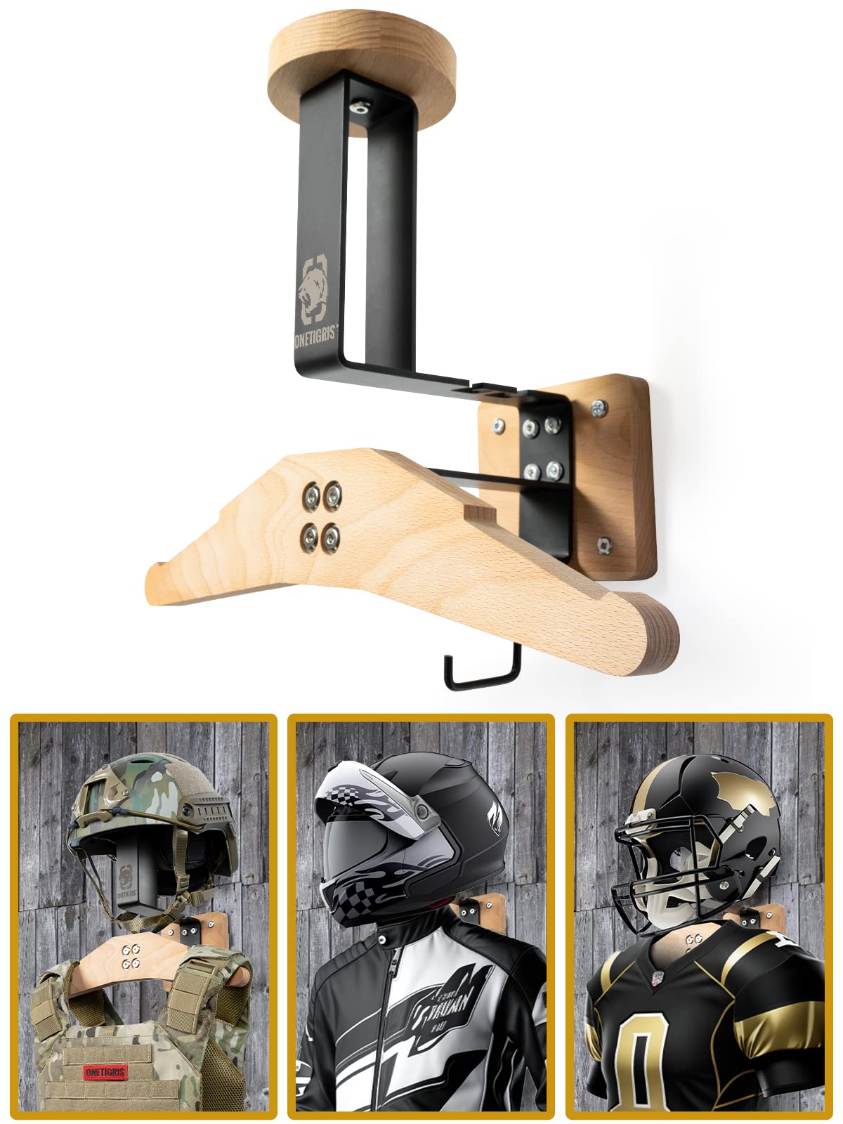 OneTigris Tactical Gear Wall Mount, Motorcycle Helmet Holder Stand Jacket Hanger Plate Carrier Rack Display Organizer for Police Football Cycling Suit