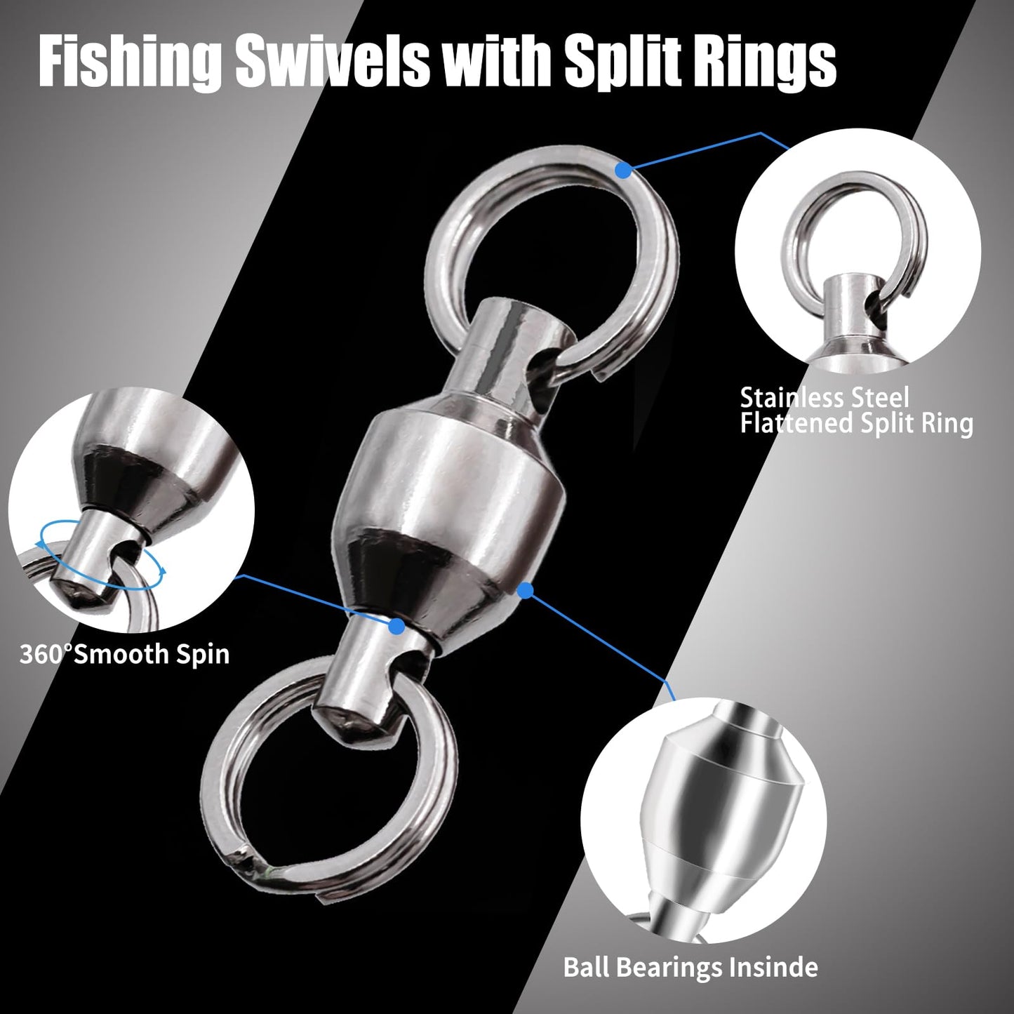 FishTrip Fishing Swivels with Split Rings, 25pcs Ball Bearing Swivel Speed Clips Stainless Quick Change Connector for Saltwater (Size 0)