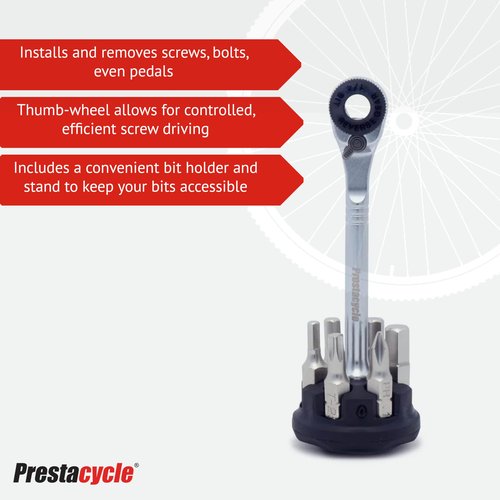 Prestacycle Prestaratchet Micro Pocket Ratchet Kit with (6) S2 Bits and Round Holder Stand – Compact 1/4" Hex Ratchet Tool, Reversible Thumb-Wheel, Heavy-Duty 40Nm Torque