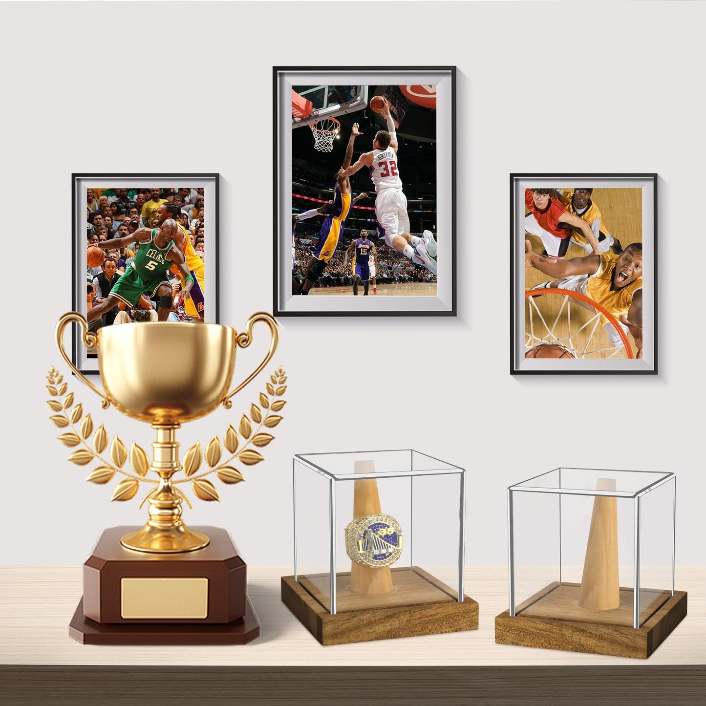 2 Pack Championship Ring Display Case Clear Acrylic Single Ring Holder with Wood Stand Base 1 Slot Ring Hole Storage for Sports Basketball Baseball Fan Souvenirs Military, UV Protection 3.94 Inch