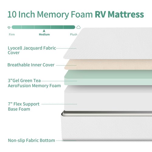 Opoiar RV Mattress 10" King,Green Tea Medium Firm Memory Foam Mattress in a Box,Pressure Relief,Campers/Trailers/Trucks Mattress in a Box,CertiPUR-US Certified,Made in USA
