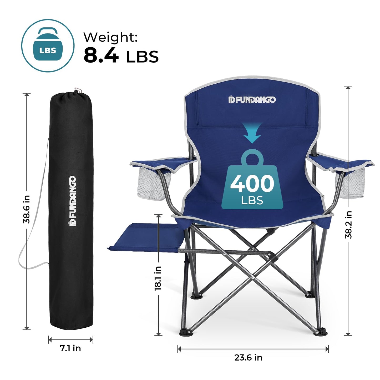 FUNDANGO Folding Camping Chair with Table, Portable Heavy Duty Outdoor Padded Chairs for Adults with Cup Holders for Lawn Beach Picnic Outside Travel (Blue)