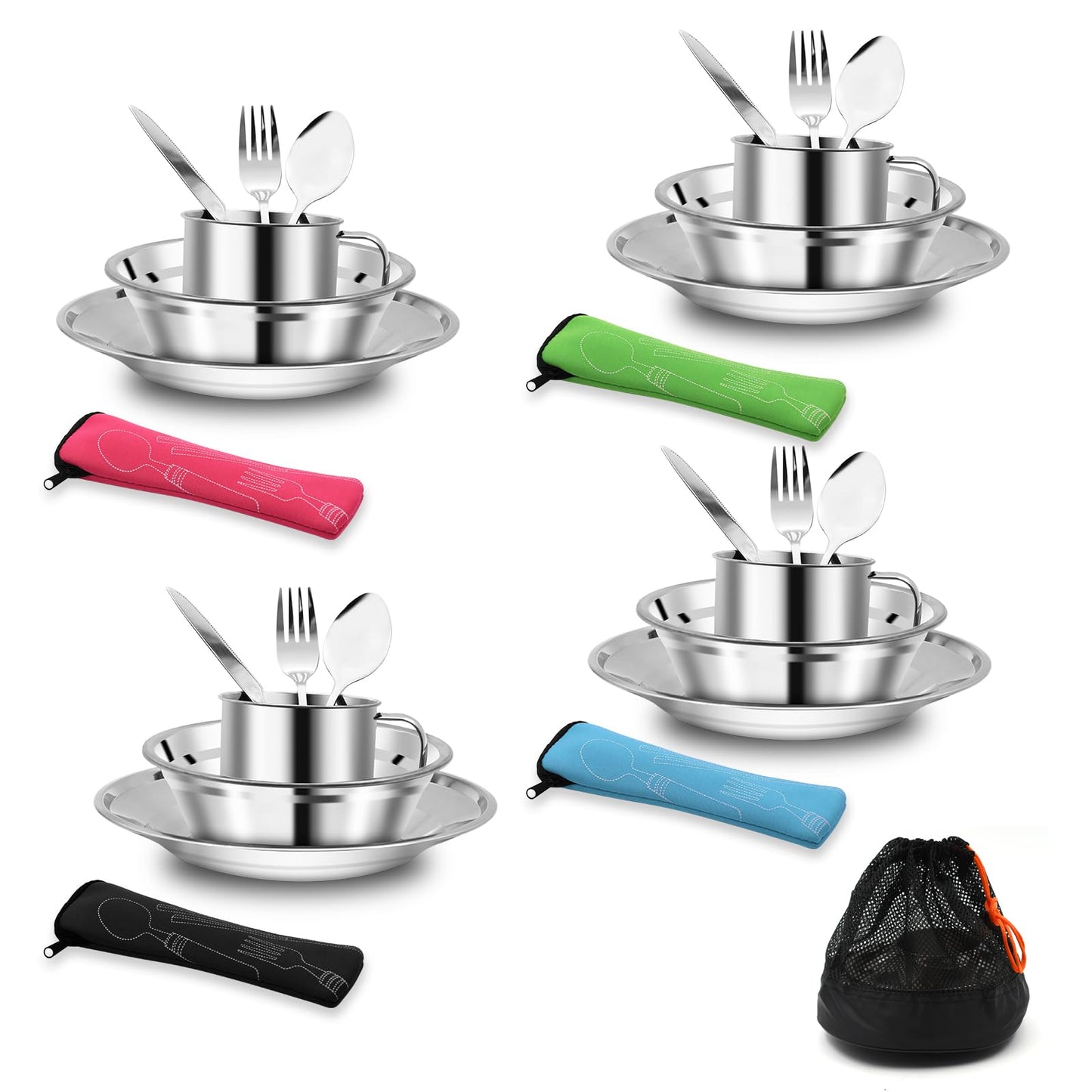 29pcs Stainless Steel Utensils Camping Tableware Kit with Bowls Plates Cups Forks Spoons and Knives for 4, Reusable Camping Flatware