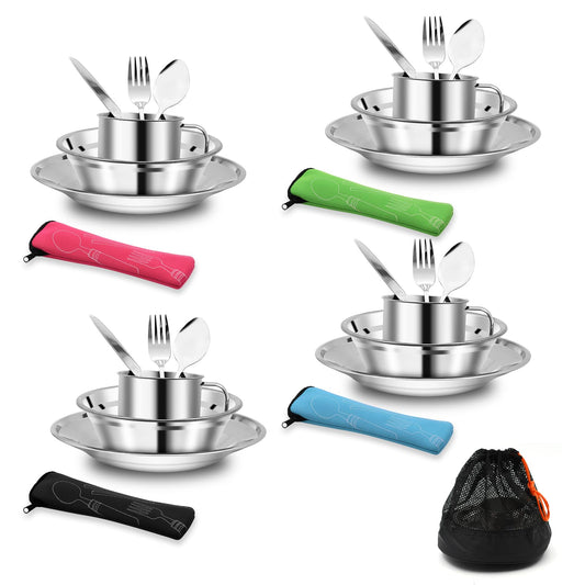 29pcs Stainless Steel Utensils Camping Tableware Kit with Bowls Plates Cups Forks Spoons and Knives for 4, Reusable Camping Flatware