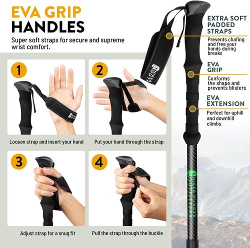 100% Carbon Fiber Trekking Poles by USA Brand - Ultra Strong Lightweight Collapsible Hiking Poles with Cork and EVA Foam Grips & Quick Adjustable Flip Locks
