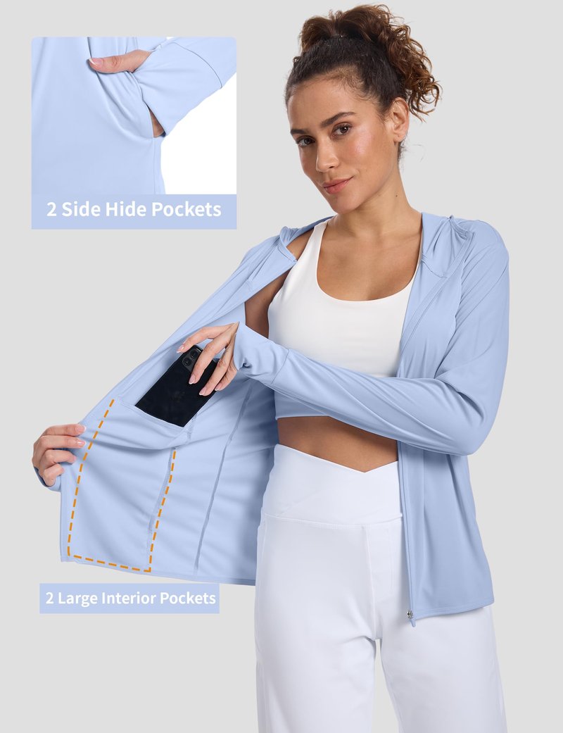 CHALLMOTI Women's Sun Protection Jacket Zip up Hoodie Lightweight Long Sleeve UV Cover Up Hiking Shirt UPF 50+ Light Blue XS