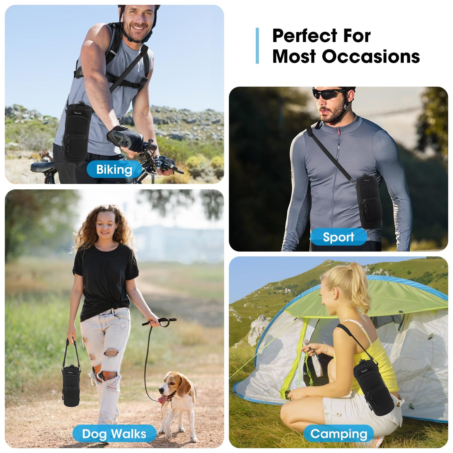 25/32/40oz Water Bottle Carrier Bag with Phone Pocket,Crossbody Insulated Neoprene Adjustable Shoulder Strap Water Bottle Pouch Case, Water Bottle Holder Sling Sleeve for Walking Hiking, 40oz Black