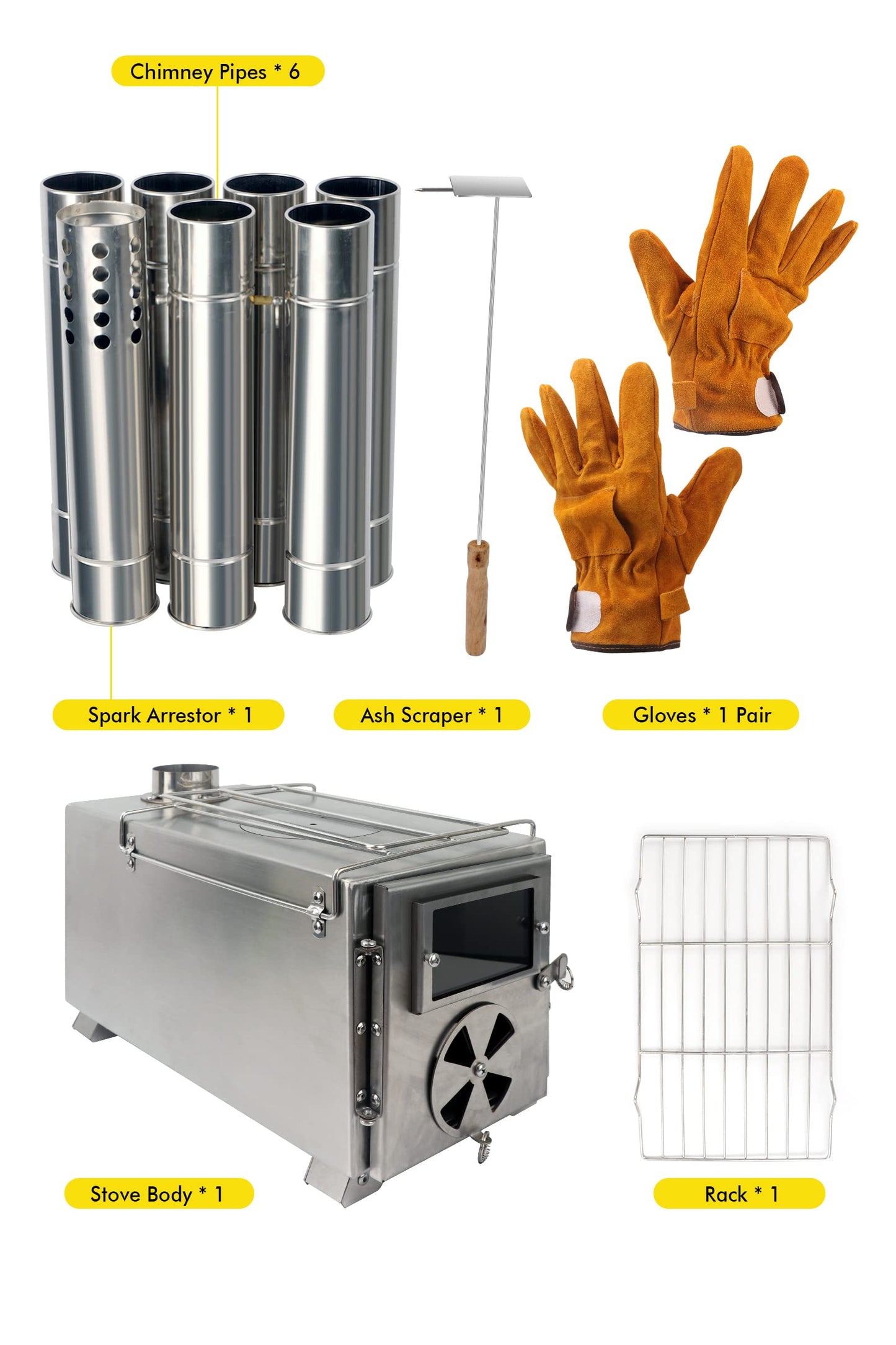 SOPPY Hot Tent Stove for Camping, 304 Stainless Steel Wood Burning Stove with 7 Chimney Pipe, Backpacking Tent Stove for Ice Fishing, Camping, Hunting, Hiking, Silver