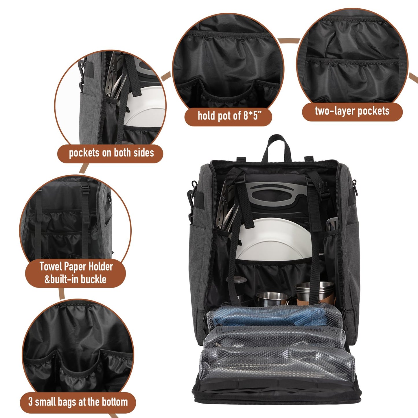 KingCamp Oversized Camping Kitchen Organizer, Ultralight Hanging Cooking Utensils Bag Portable Storage Backpack with Paper Towel Holder & 3 Pockets for Outdoor BBQ Cooking (Bag Only)