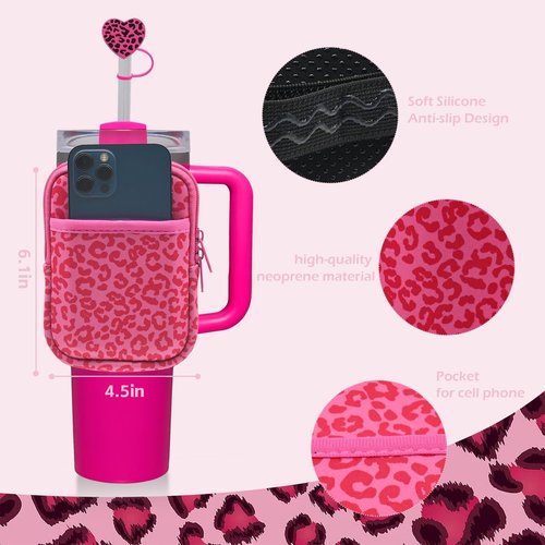 Vortika Water Bottle Pouch for Stanley with 2pcs Stanley Straw Cover, Stanley Cup Accessories 30&40 oz, Tumbler Pouch with Pocket, for Phone, Cards, Keys,Gym Accessories for Women