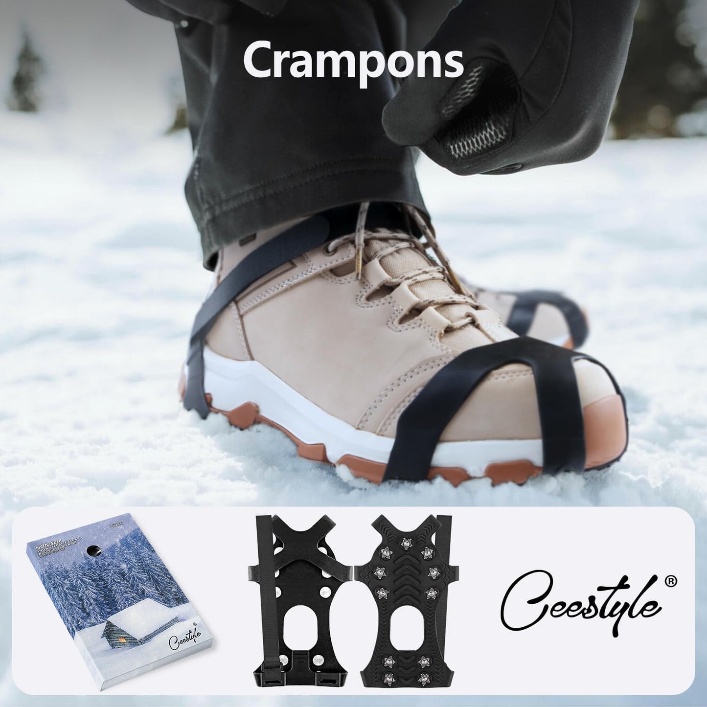 11 Spikes Crampons, Upgraded Stainless Steel Anti-Slip,Traction Ice Cleats Grips for Hiking Shoes and Boots, Hiking Fishing Walking Mountaineering Snow Ground,Black,XL