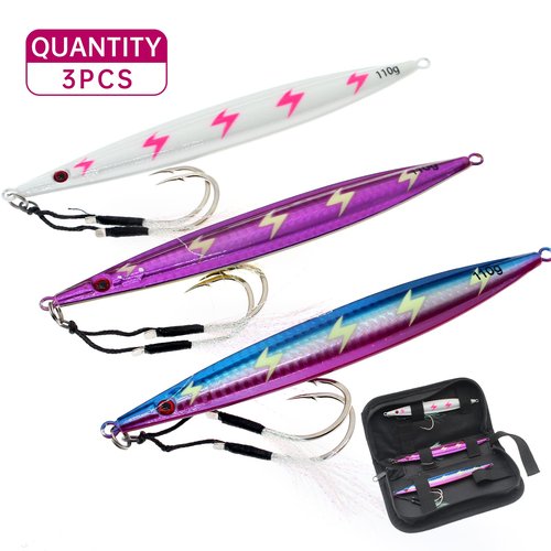 Ghanneey 3Pcs Fishing Jigs Saltwater Speed Jigging Lures with Assist Hooks Sea Fishing Jigging Spoon Lures for Bass Fishing/110g