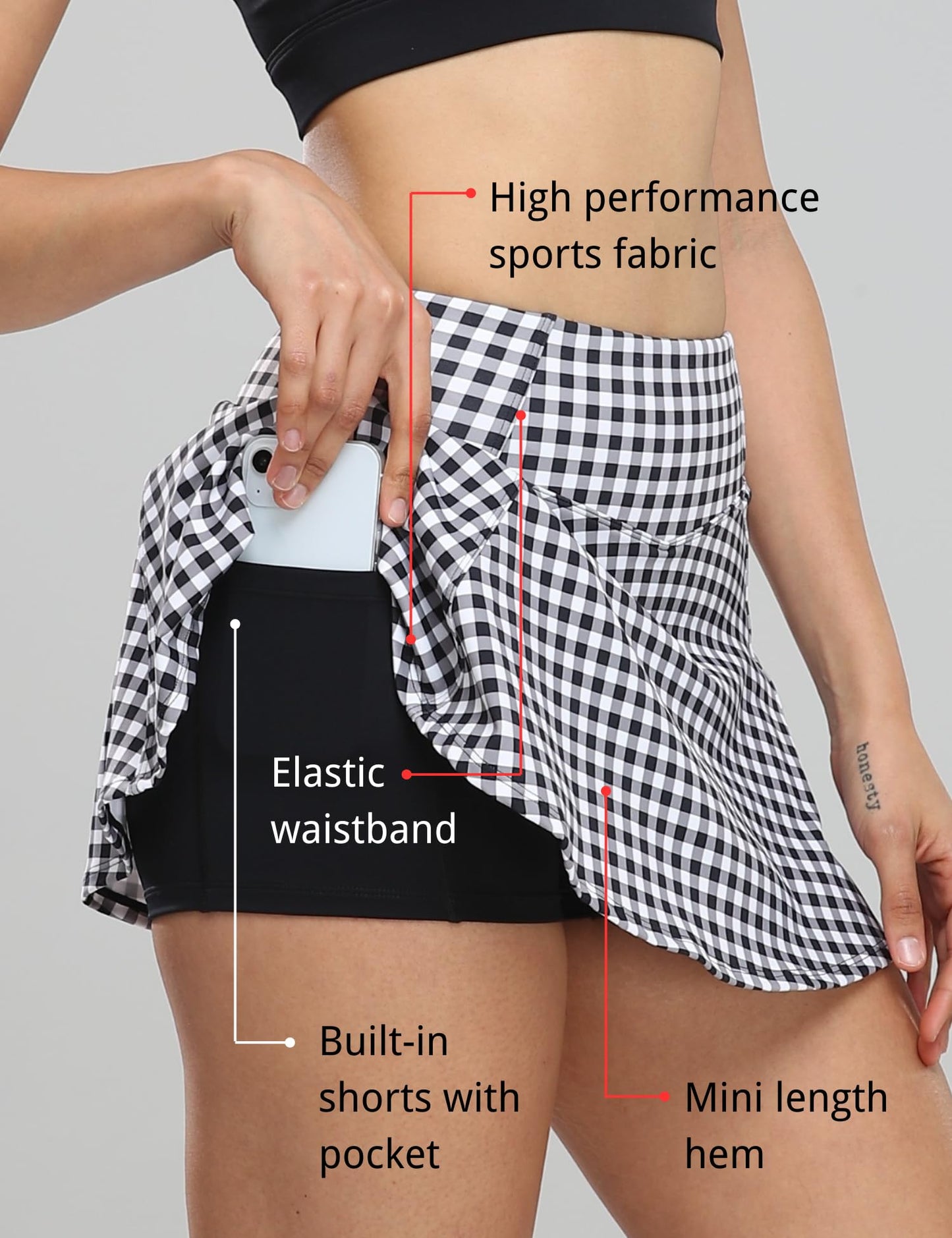 1a1a Tennis Skirts for Women with Shorts Pockets Athletic Golf Running Workout Sports Black White Plaid X-Small