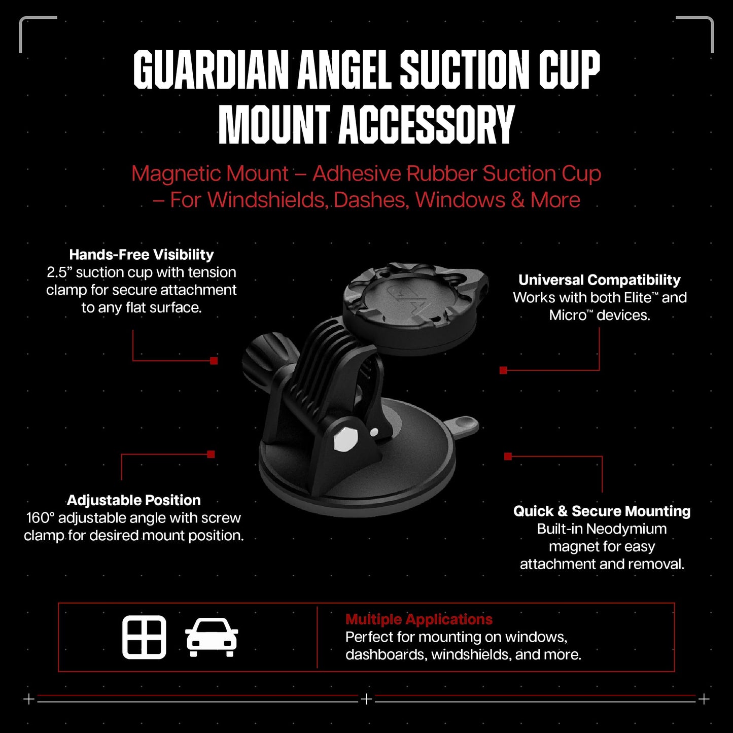 Guardian Angel Suction Cup Mount Accessory – Magnetic Mount with Screw-in Feature – Adhesive Rubber Suction Cup with Snap Lock – for Windshields, Dashes, Windows, Stop/Slow Signs & Smooth Surfaces