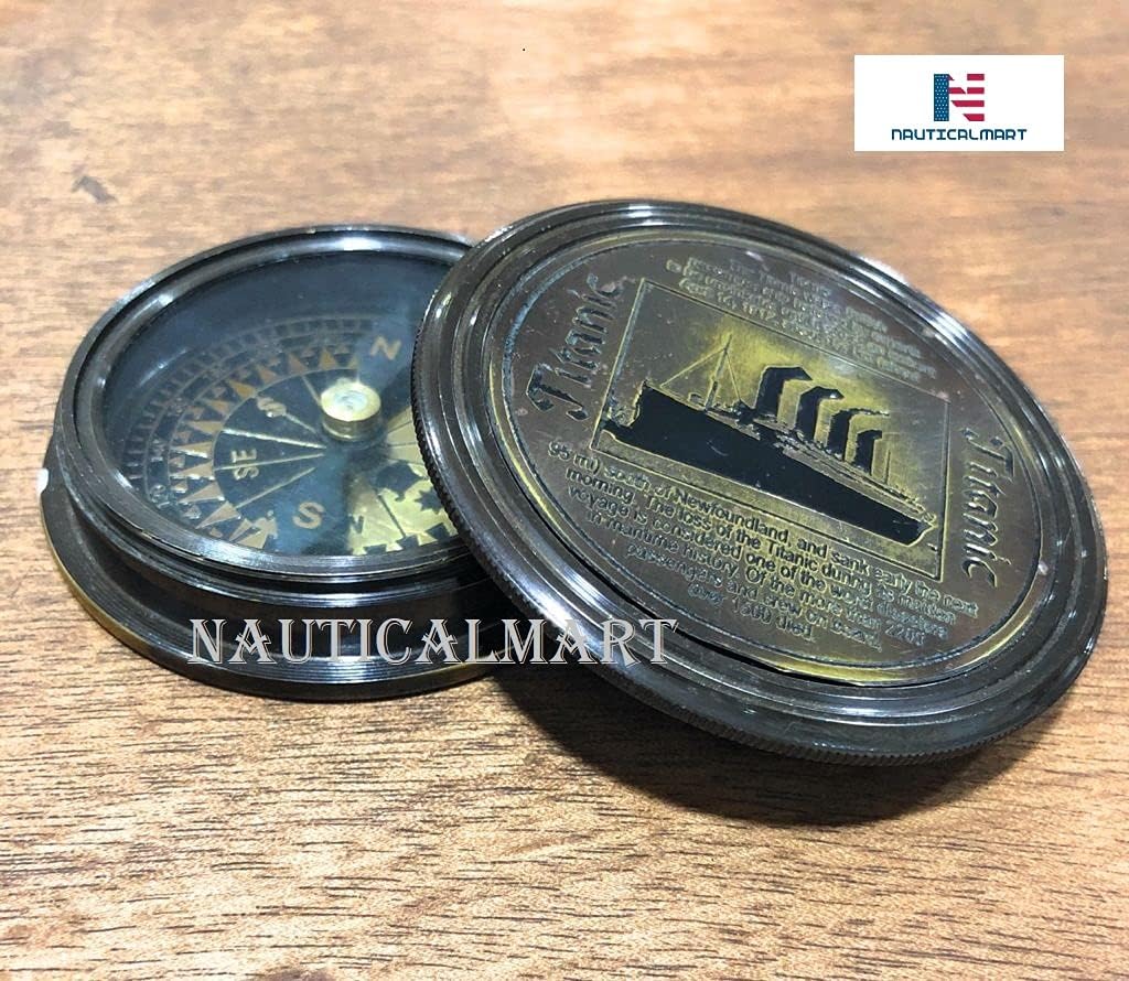 Brass Pocket Compass Marine Titanic Antique Style Engraved Romantic Gift Ideas for Him/Her - Husband Gifts from Wife, for Men Maritime Nautical Compass Hiking Camping Hunting Trekking