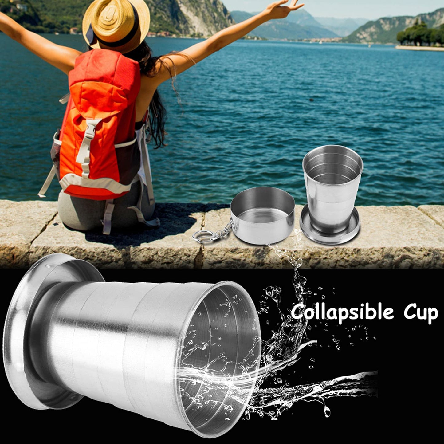 Stainless Steel Collapsible Cup, Camping Folding Cup Retractable Travel Mug with Lid Keychain Portable Drinking Outdoor Demountable Stackable Expandable Protective Cap for Hiking Picnic Coffee(S)