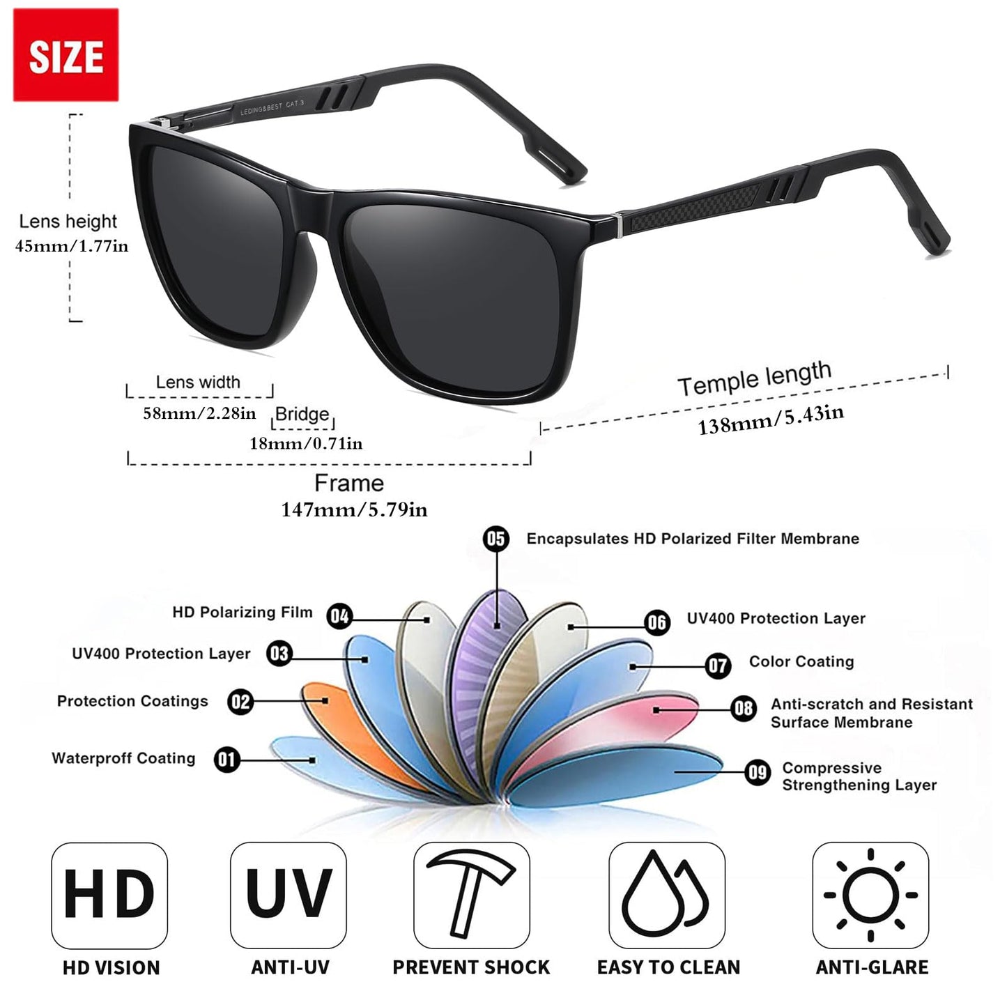 LEDING&BEST Polarized Sunglasses Mens Womens Lightweight Square Frame UV400 for Driving Fishing Travel Sports Sun glasses (Black/Black/Yellow)