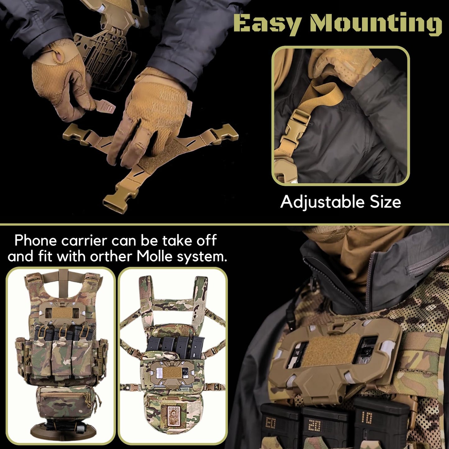 Let Me Be FoldPanel Chest Vest Set, Chest Rig Phone Mount for Plate Carrier Accessory Navigation Board, Outdoor Hiking Fishing Cycling Tactical Vest Wearable Phone Carrier for 4.7"-6.7" Screen (Tan)