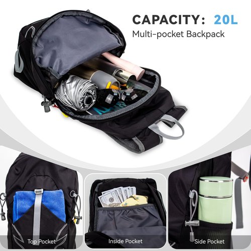 UtiaMiaoGonGo Small Lightweight Hiking Backpack,20L Waterproof Foldable Hiking Daypack Cycling Hydration Backpack Travel Camping Back Pack for Men Women, Black