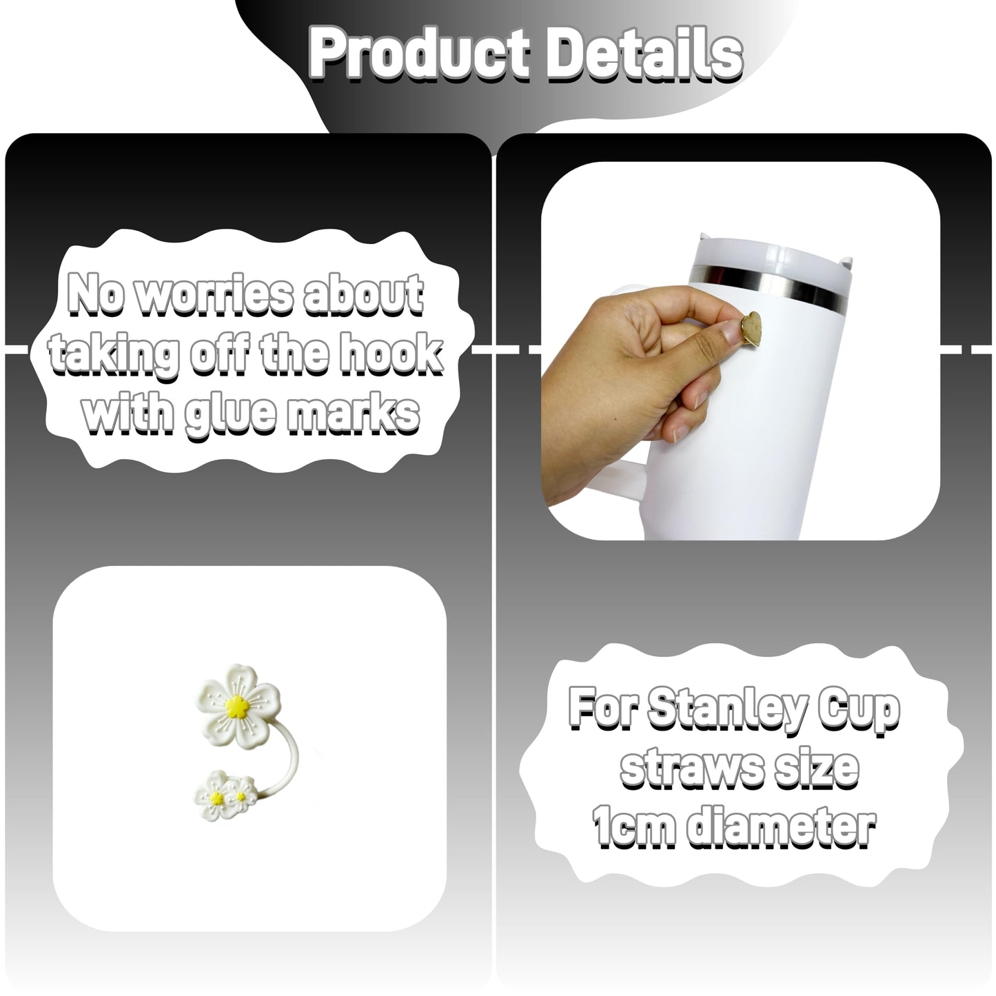 Klasikok Accessories for Stanley Cup,1 Handle Strap for Tumbler 40oz,1 Siliocne Water Bottle Boot,1 Straw Topper Cover,2 Charms Hooks,1 Lip Balm Holder Bag,1 Pompom Ball,1 Flower Charm(white)