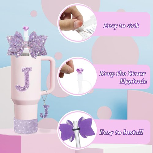 XIANGYUAN 5Pcs Stanley Cup Accessories Set,Letter Charm for Stanley Cups,Including Diamond Straw,Bow Straw,Sparkly Silicone Boot for Stanley Cup 30oz or 40oz(Purple J)