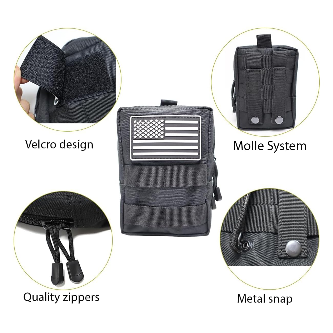 2 Pack Molle Pouches-Vest Pouch Belt Pouch Waist Bag Pack EDC Molle Accessories Bag Small Utility Pouch with Flag Patch Black
