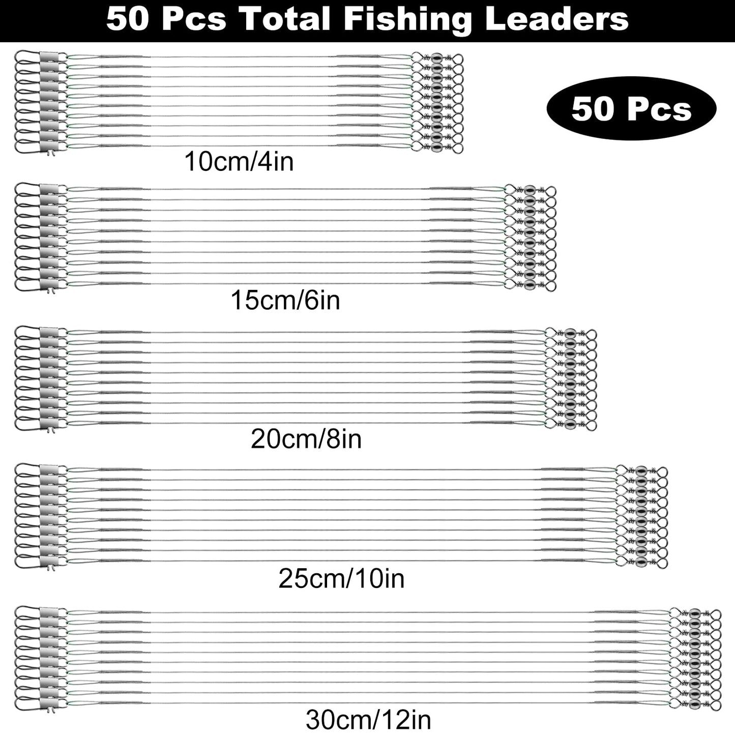 Realure 50Pcs Stainless Steel Fishing Leaders with Swivels Snap Connect Kit High Strength Fish Line Wire Leaders for Fishing Saltwater 4/6/8/10/12inch Fishing Wire Leader Line for Lure Bait Rig Hooks