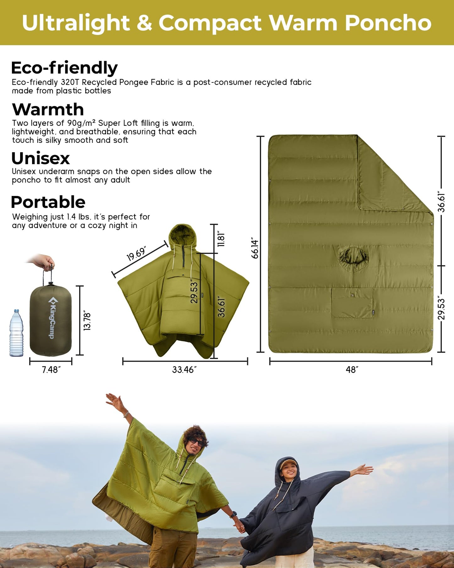 KingCamp Camping Blanket Poncho, Wearable Honcho Hoodie Reversible Cape Windproof Water-Repellent Recycled Poncho with Snap Buttons for Outdoor Camping Hiking Stadium Travel (Green, 66" x 48")
