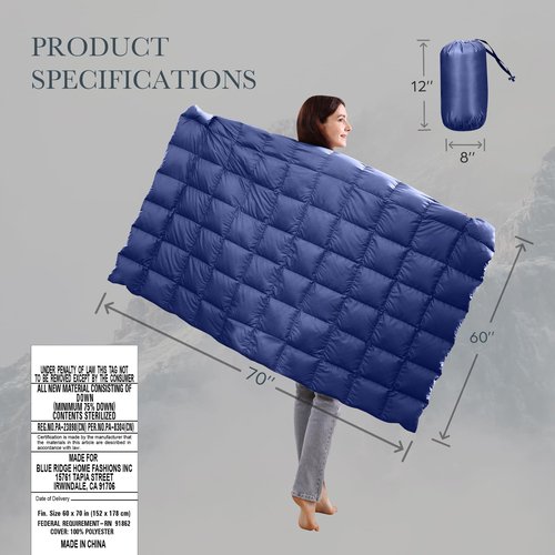 Blue Ridge Activ Fluffy 650 Fill Power Outdoor Packable Down Throw Blanket for Camping Hiking with Carrying Pouch - Lightweight and Durable Blanket 60" x 70" for Traveling, Beach Trips