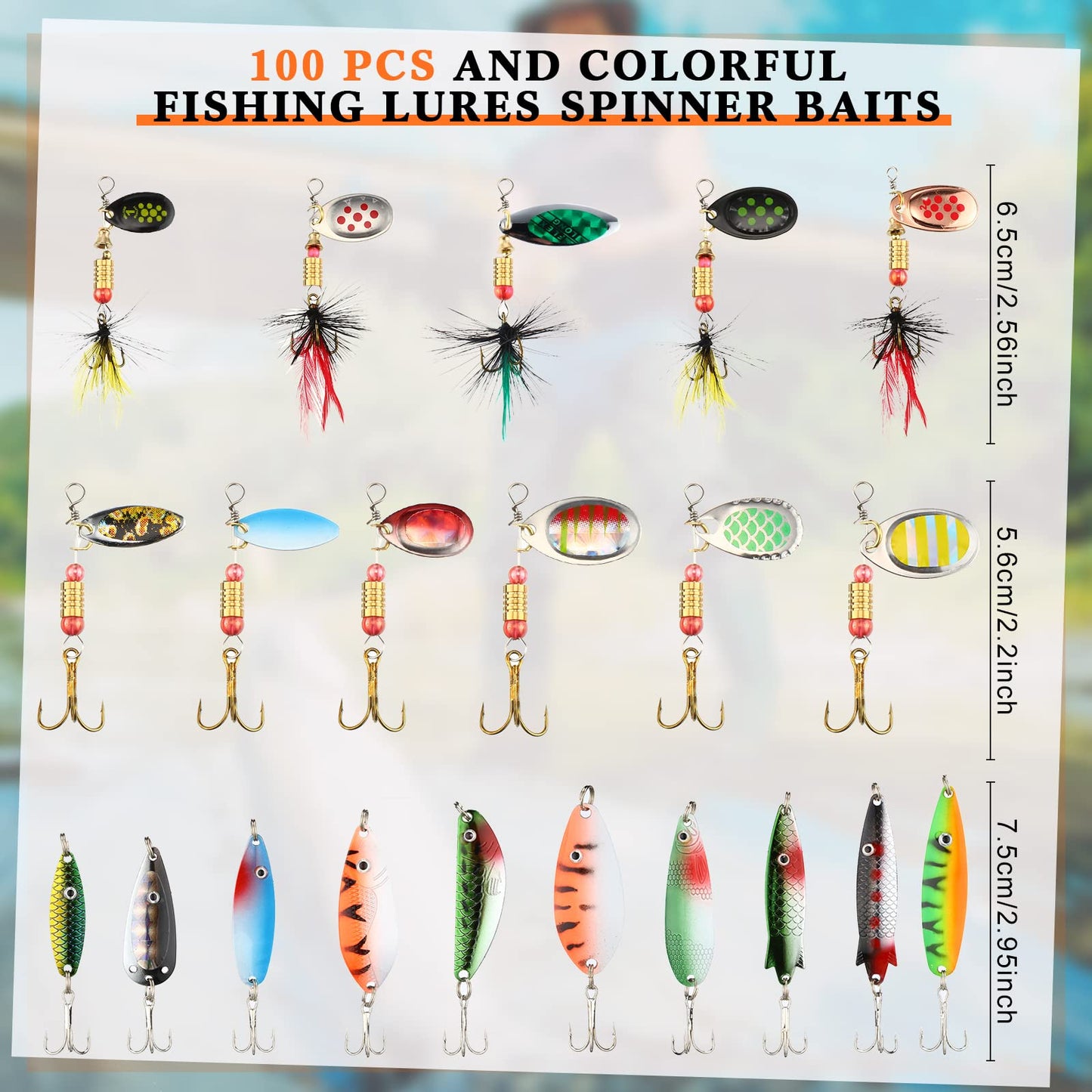 100 Pcs Fishing Lures Spinner Baits Metal Trout Lures Fishing Spinners and Spinnerbaits Metal Baits Kit with 4 Pcs Tackle Box for Salmon Bass Walleye Crappie