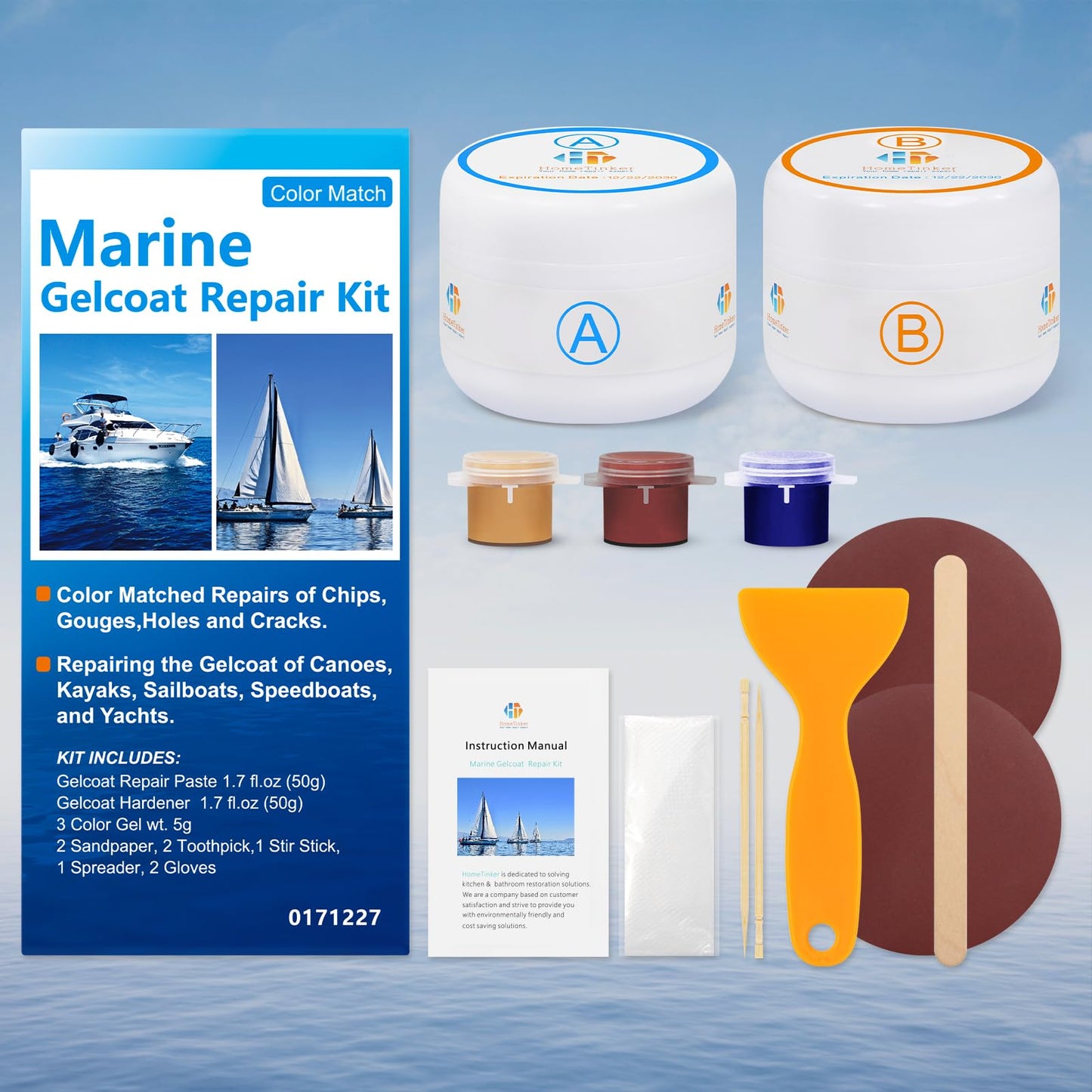 Gel Coat Repair Kit for Boats(Color Match), Marine Fiberglass Repair Kit, Fiberglass Boat Repair Kit,Premium Marine Gelcoat Epoxy Filler,Repair Chips Cracks Pits Holes for Gelcoat Fiberglass Porcelain