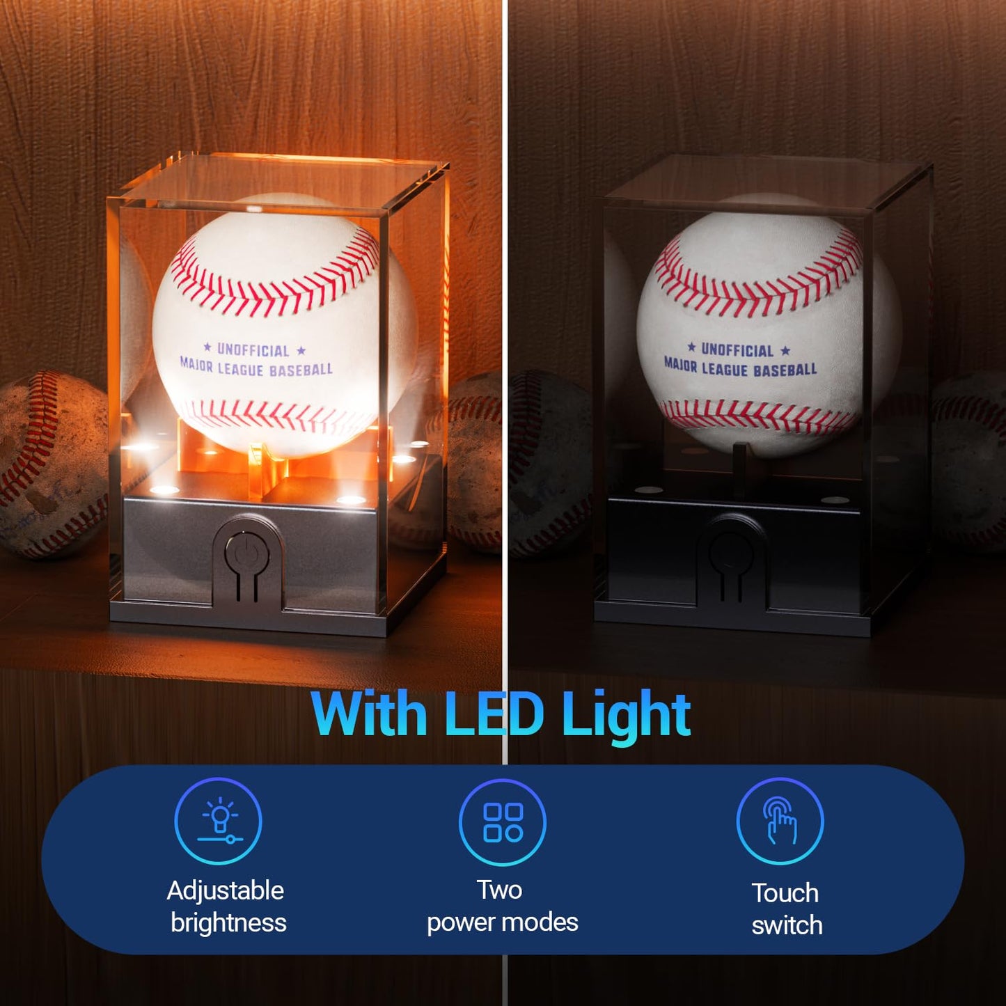 Leshein Baseball Display Case with Led Light, Light up Baseball Case for Display, Acrylic Baseball Holder Display Case, UV Protected Clear Baseball Stand Baseball Cube for Memorabilia Baseball Gifts
