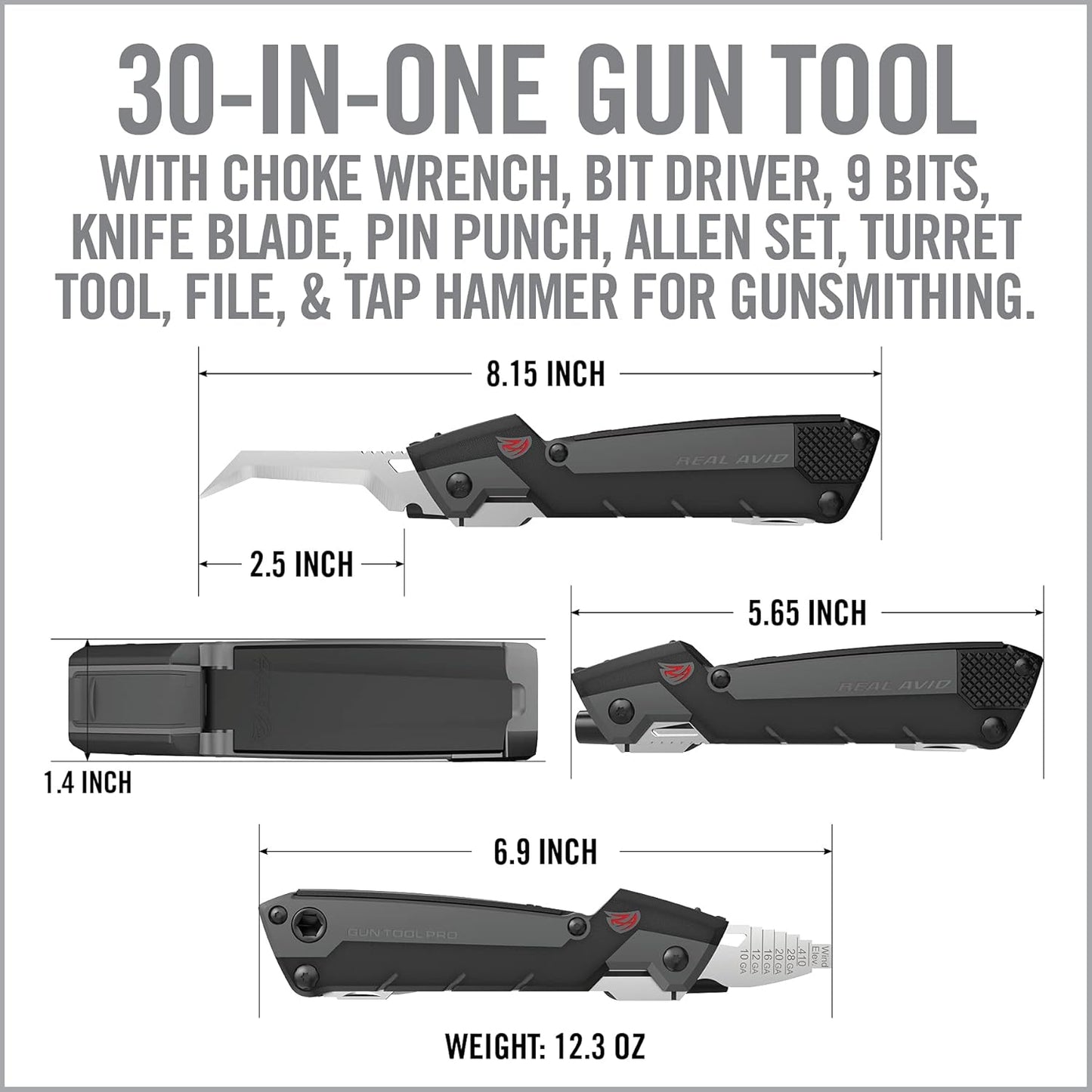 Real Avid Gun Tool Pro, 30-in-1 Gun Multitool for Shotgun & Rifles | Includes Choke Wrench,Bit Driver,Screwdrivers,Allen Set,Turret Tool,Tap Hammer & Files for Gunsmithing