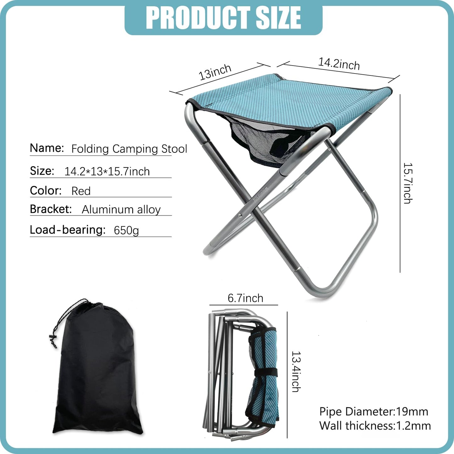 XHKDSYMC 16 Inch Tall Portable Folding Camping Stool - Aluminum Alloy Lightweight Seat With Carry Bag for Fishing, Outdoor Camping, Hiking and BBQ - Red