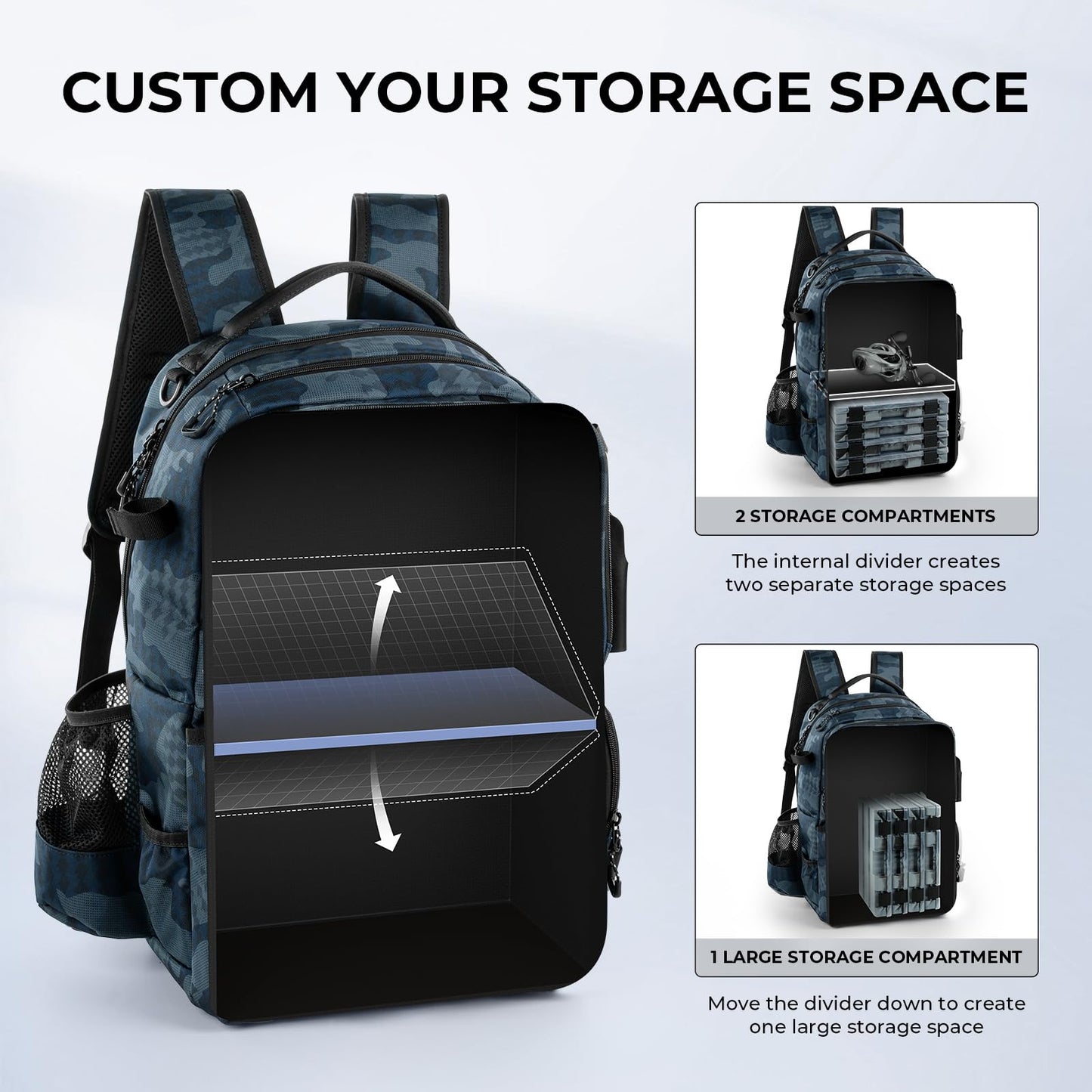 KastKing BaitSpace 50L Fishing Tackle Backpack with Removable Bait Binder & 4 Tackle Boxes,2 Rod Holders Storage Fishing Gear and Equipment,Blue Camo