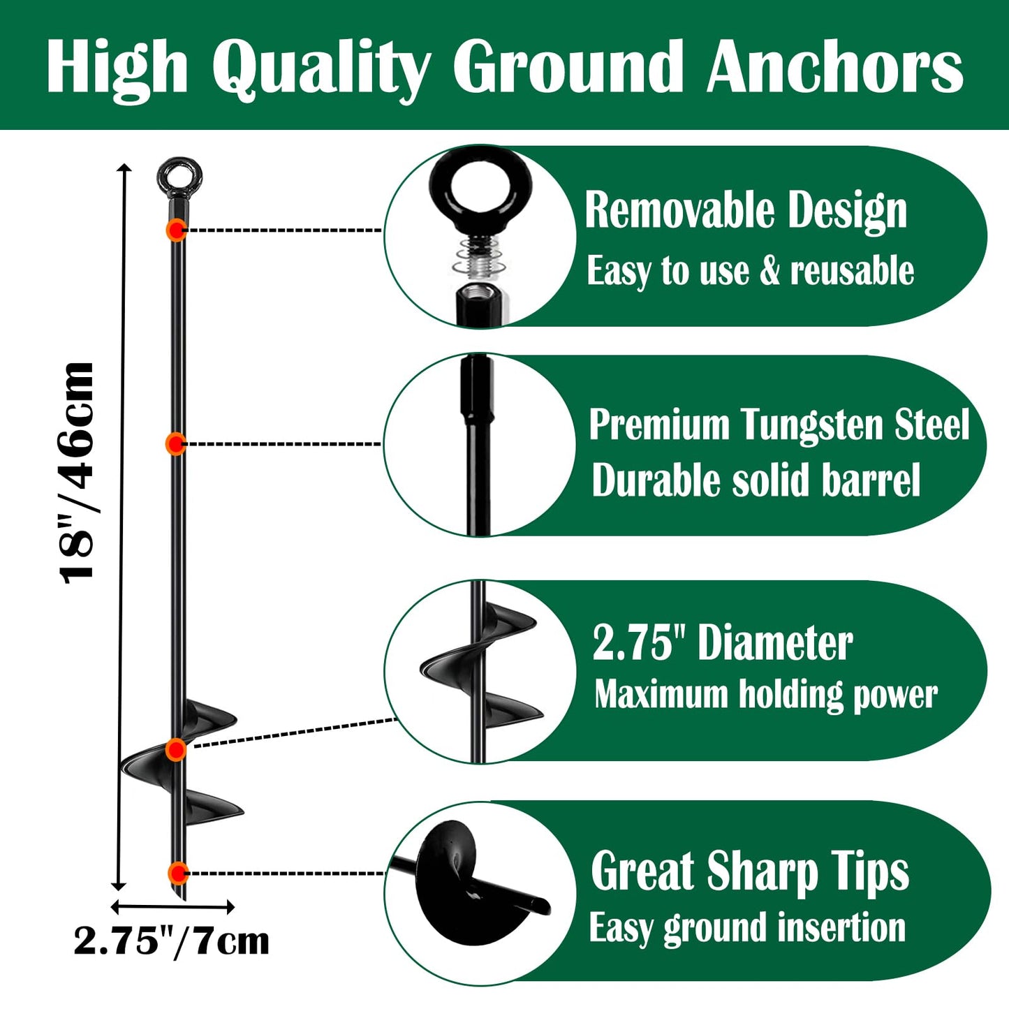18 inch Ground Anchors Srew in Heavy Duty, Earth Shed Anchor Kit, Trampoline Stake Hook for Dirt, Swing Sets, Playset, Tent, Canopy, Carport, Hurricane, Mobile Home Tie Down, 4pcs