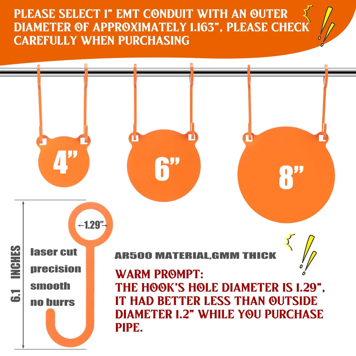 Syhood 3/8''-Gong AR500 Steel Targets Hanging Kit Include 3 Pcs 3.94"/5.91"/7.87" Metal Steel Shooting Targets 6 Pcs Hang Hooks 2 Pack Leg Brackets 4 Pack Wire Lock Pins(Orange)
