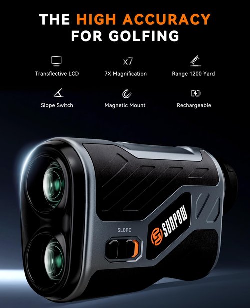 SUNPOW Golf Rangefinder with Slope, High Precision Laser Range Finder for Golfing/Hunting, 1200 Yards, 7X Magnification, Flag Pole Locking, Rechargeable Range Finders with Magnet Stripe