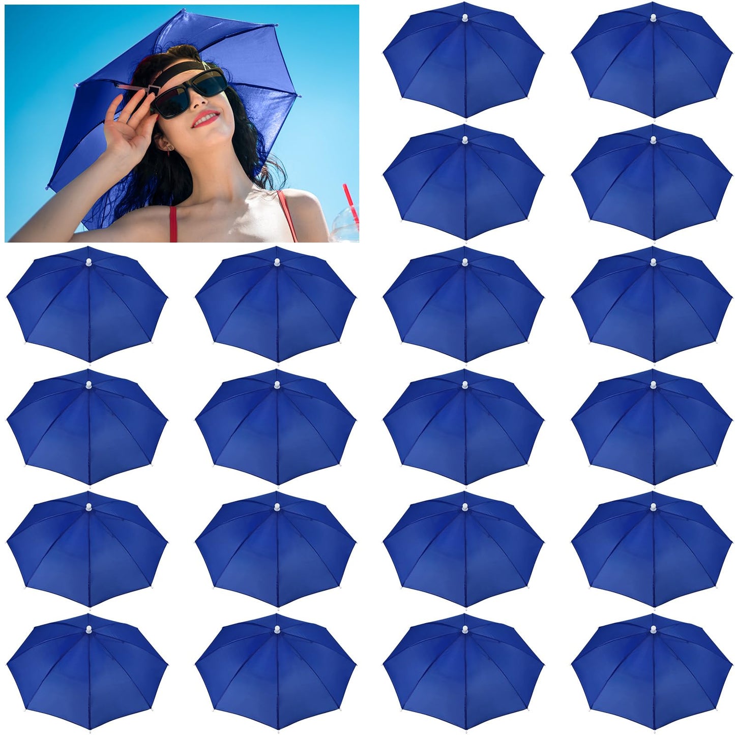Kacctyen 20 Pieces Royal Blue Umbrella Hat for Adults Waterproof Head Umbrella Cap for Beach Fishing Hiking Camping