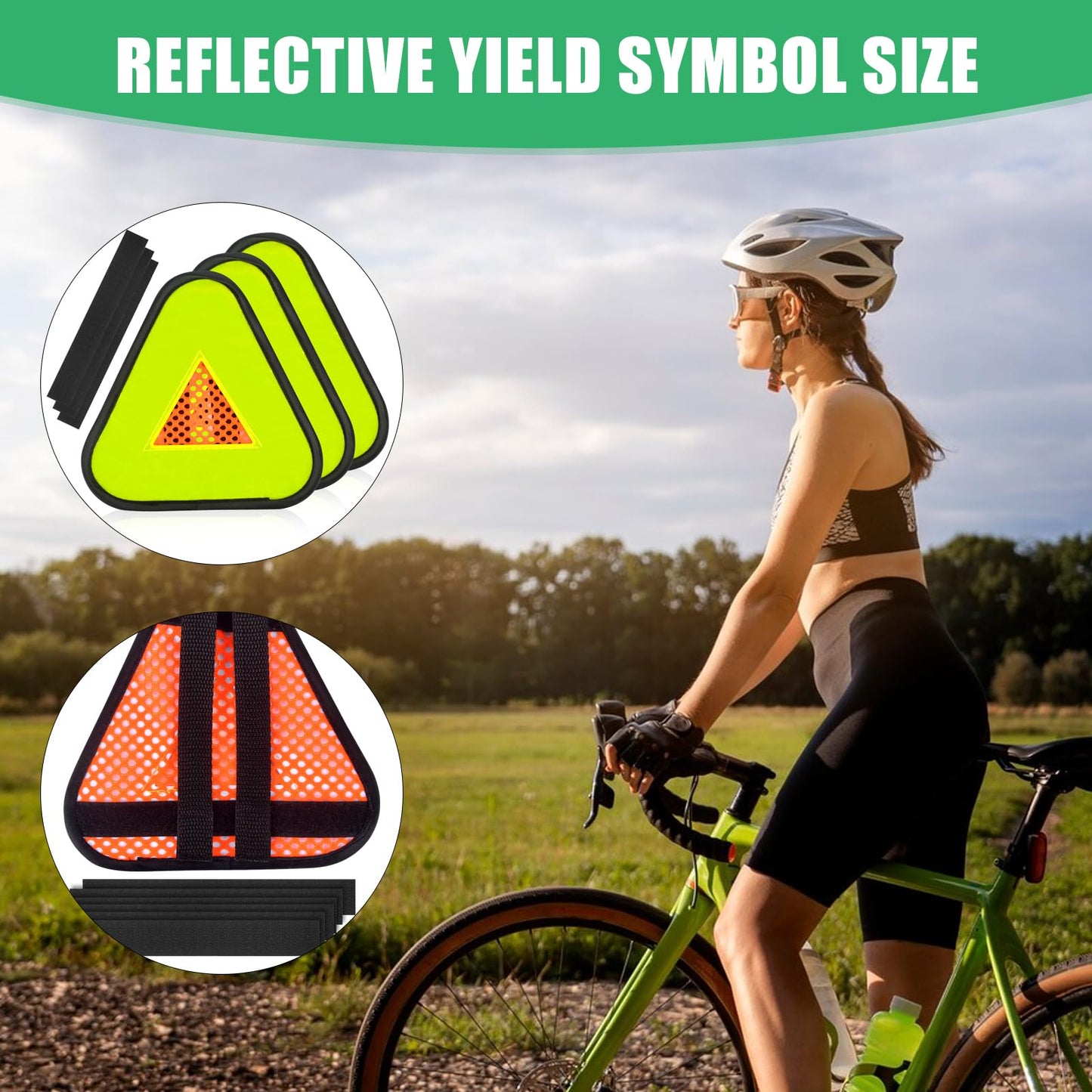 1 Pack 7 * 7inch Reflective Yield Symbol Bike Triangle Sign With Magic Adhesive Strap for Night Safety