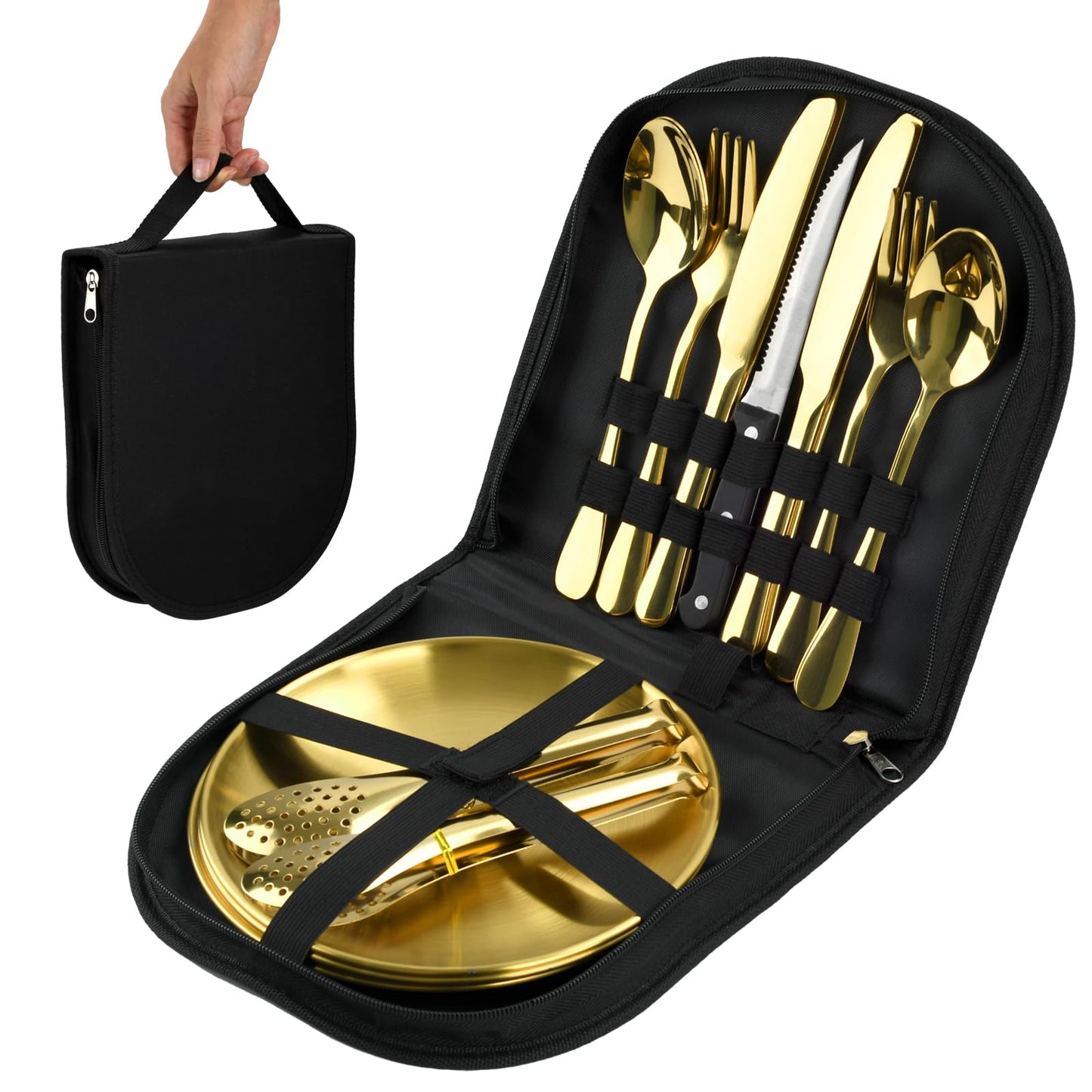 20-Piece Stainless Steel Silverware Set with Organizer, Including Plates, Knives, Forks, Spoons - Premium Outdoor Picnic Tableware for Camping (Golden)