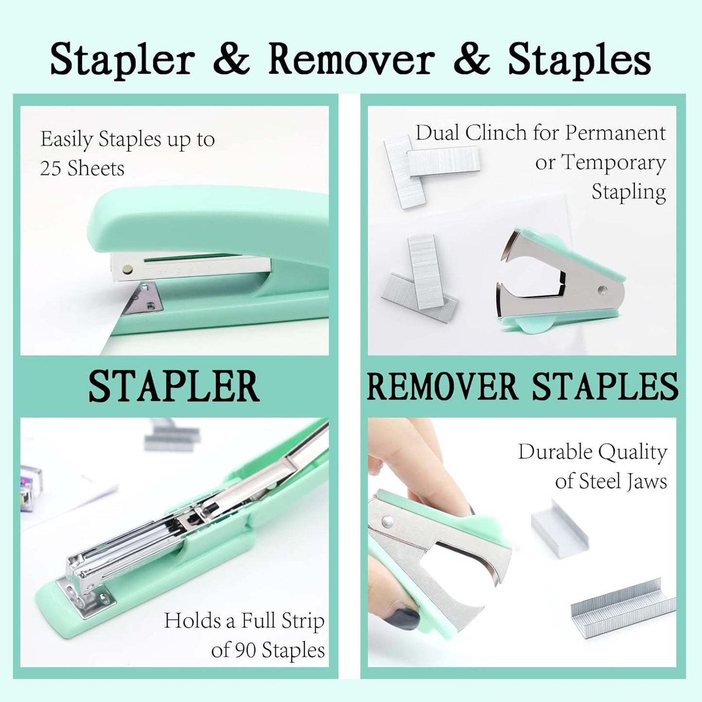 White Office Supplies, UPIHO White Desk Accessories, Stapler and Tape Dispenser Set for Women with Stapler,Tape Dispenser, Staple Remover, Staples,Scissor and Tabs for Students Office Clerks