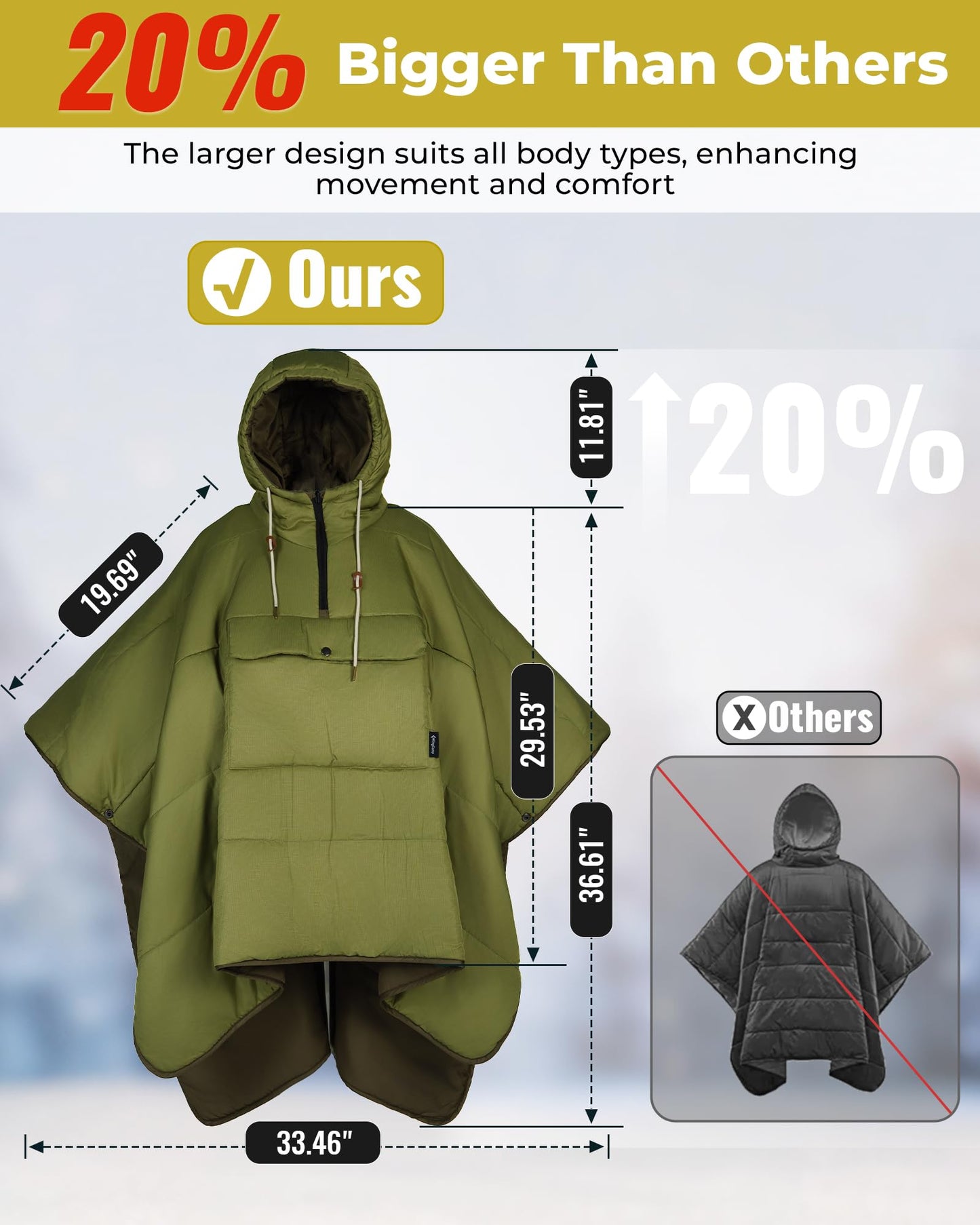 KingCamp Camping Blanket Poncho, Wearable Honcho Hoodie Reversible Cape Windproof Water-Repellent Recycled Poncho with Snap Buttons for Outdoor Camping Hiking Stadium Travel (Green, 66" x 48")