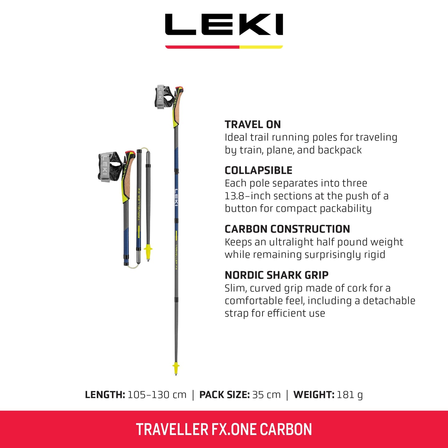 LEKI Traveller FX.One Carbon Collapsible Lightweight Trekking Poles for Hiking & Trail Running - Gray-Blue-Yellow - 115 cm