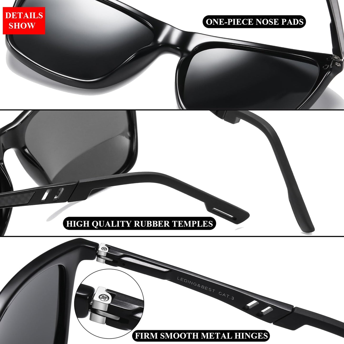 LEDING&BEST Polarized Sunglasses Mens Womens Lightweight Square Frame UV400 for Driving Fishing Travel Sports Sun glasses (Black/Black/Yellow)