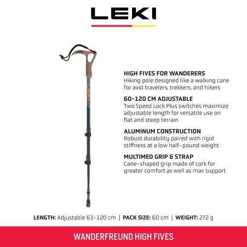 LEKI Wanderfreund High Fives Aluminum Adjustable Lightweight Walking Pole (Single) for Trekking & Hiking - Blue-Orange-Blue - 60-120 cm